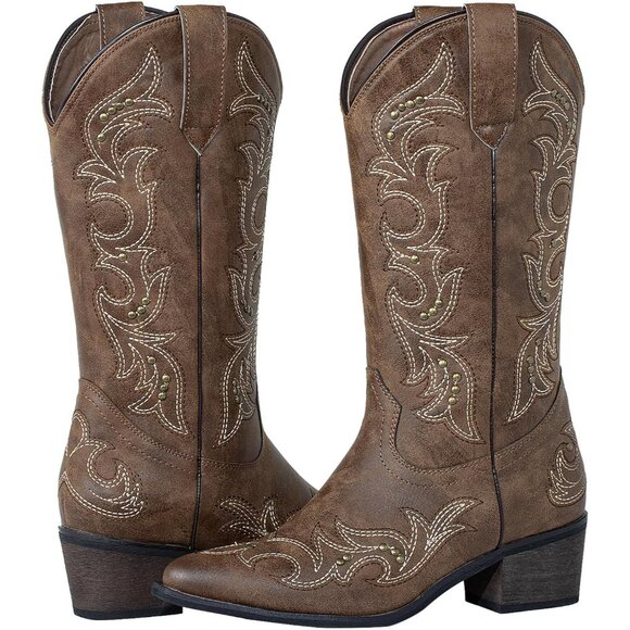 SheSole Western Boots Women Dark Brown Faux Leather Square Toe Wide Mid Calf - Picture 8 of 9